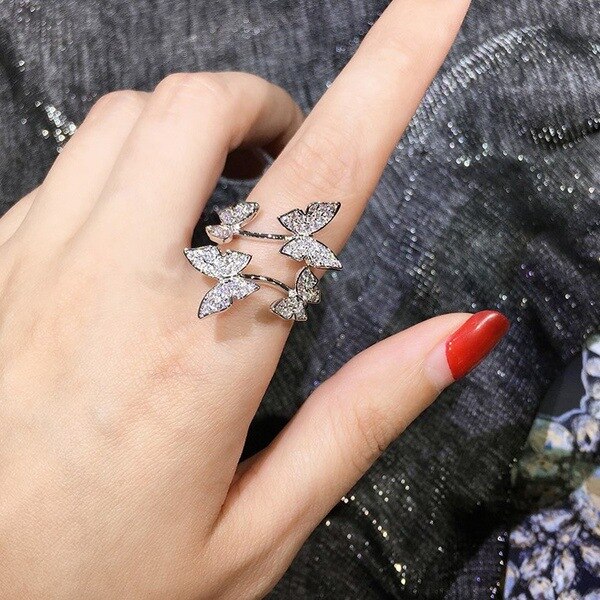 Trendy Crystal Four Butterfly Adjusted Finger Rings Animal Romantic Opening Jewelry Women Girl Wedding Engagement