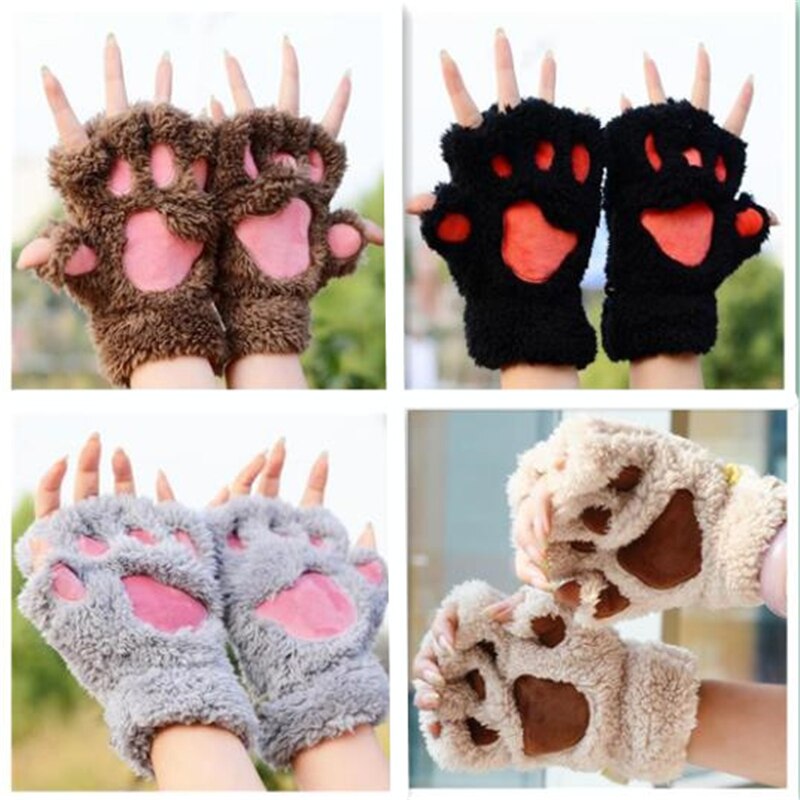 Guanti da artiglio di gatto inverno simpatico cartone animato gatto ragazza guanti senza dita guanti mezze dita con zampa di orso soffice e soffice