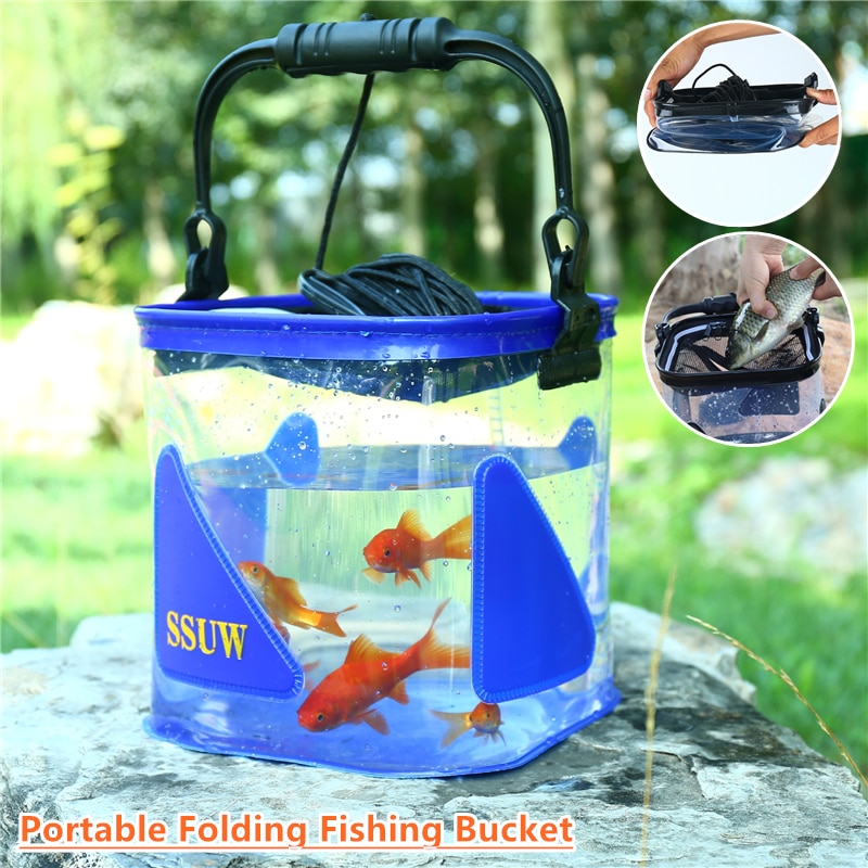 1Pcs Draagbare Transparante Vis Emmer Outdoor Opvouwbare Water Opslag Visgerei Met Mesh Deksel