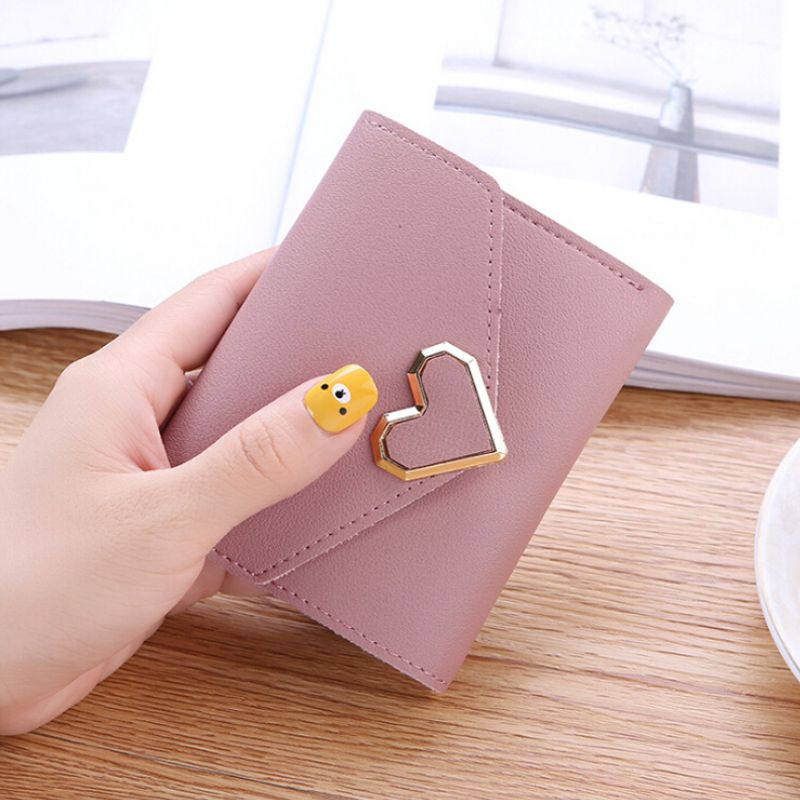 Women Wallets PU Leather Vintage Small Fresh Metal Heart-Shaped Lady Student Short Purse Women Small Simple Wallet