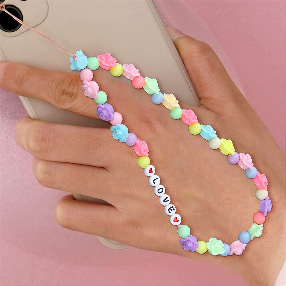 Beaded Phone Lanyard Wrist Strap Handmade Rainbow Polymer Clay Acrylic Beads Pearl Bracelet Keychain For Women