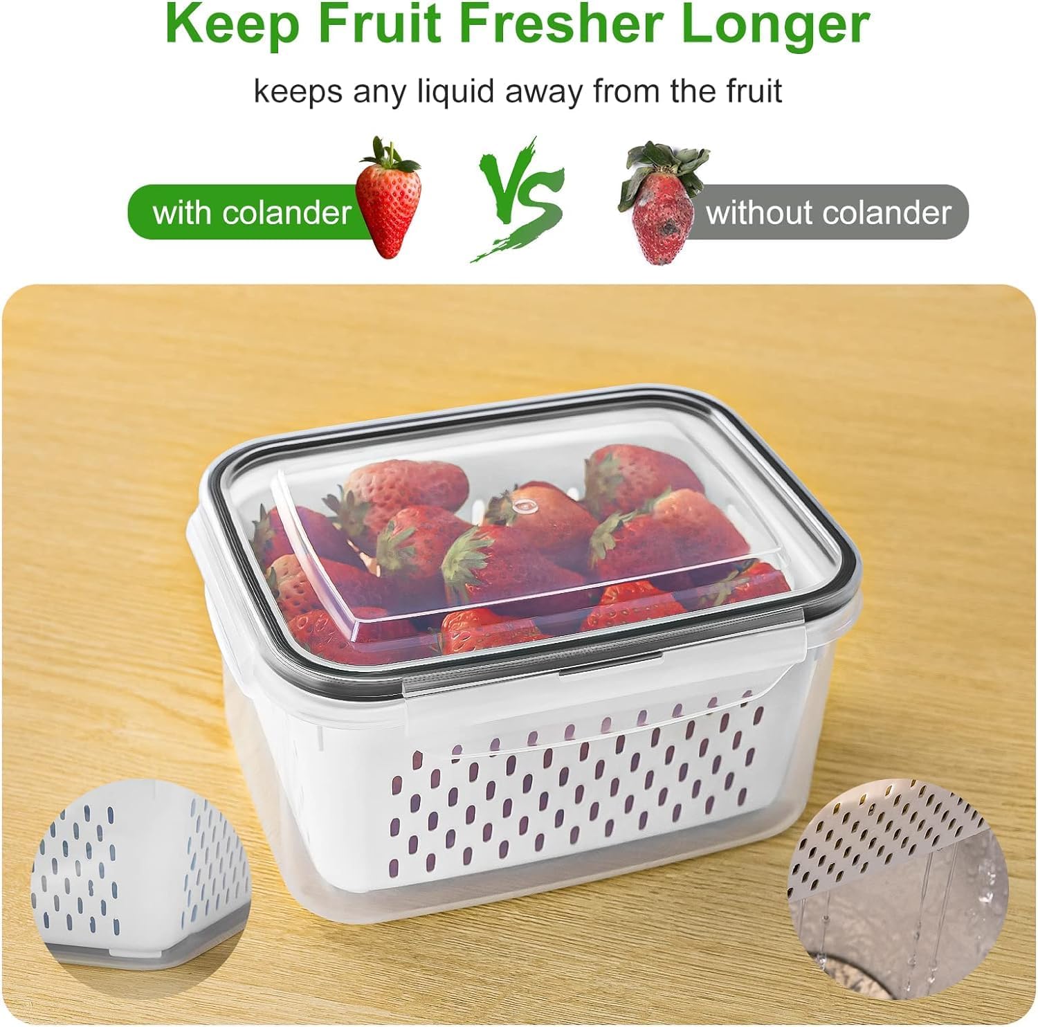 Fruit Storage Containers for Fridge with Removable Colander, Airtight Food Storage Container, Dishwasher Safe Produce Saver Cont