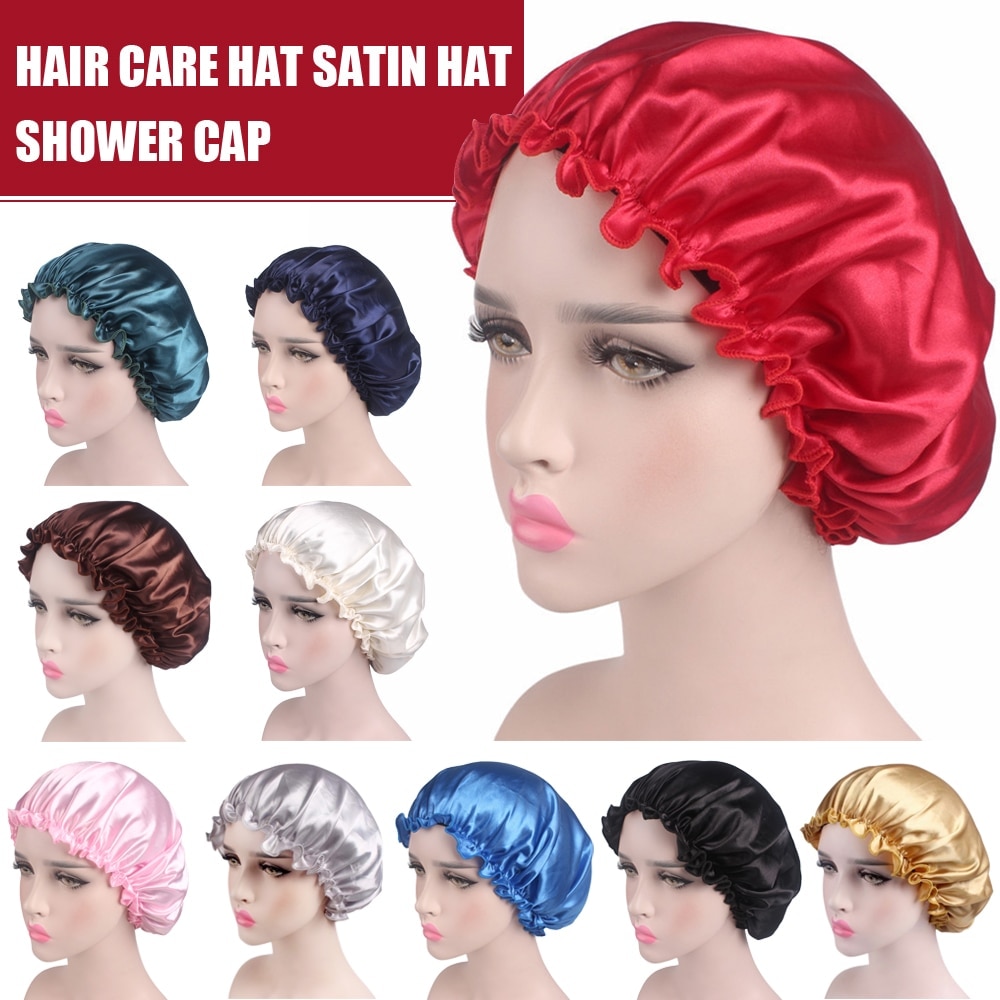 Elastic 58cm Women Shower Cap Satin Night Sleep Cap Shower Cap Hair Bonnet Hat Silk Head Cover Wide Elastic Band
