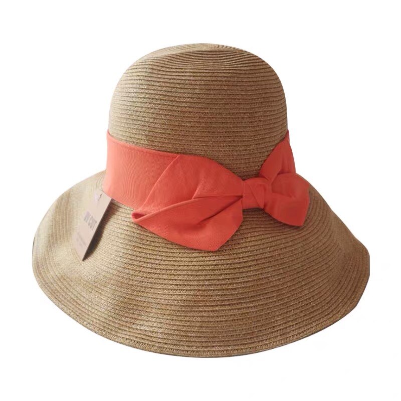 Zomer Strohoed Vrouwen Grote Wide Brim Strik Strand Zon Hoeden Opvouwbare Zonnebrandcrème Anti-Uv Panama Hoed Chapeu Feminino: Oranje