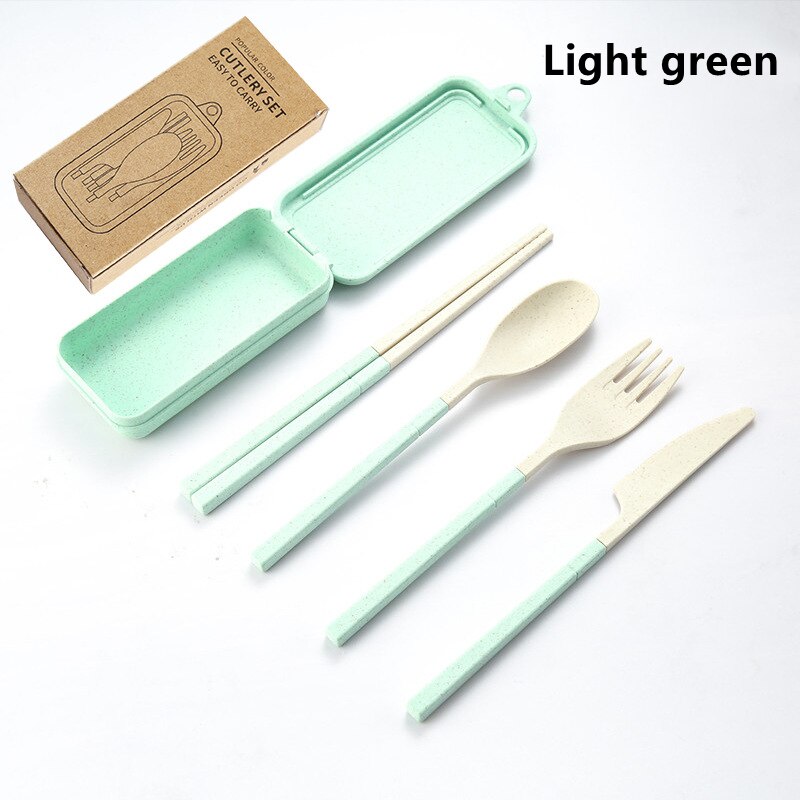 4PCS Wheat Straw Dinnerware Set Portable Tableware Knife Fork Spoon Chopsticks Set Travel Cutlery Set Eco-Friendly Utensil Box: Light Green