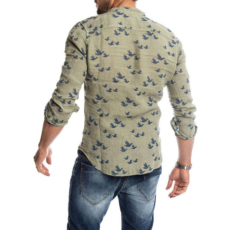 Bird Printed Linen Shirt For Women Casual Stand Collar Short Sleeve Summer Shirts White Male Blouse Men's Clothing