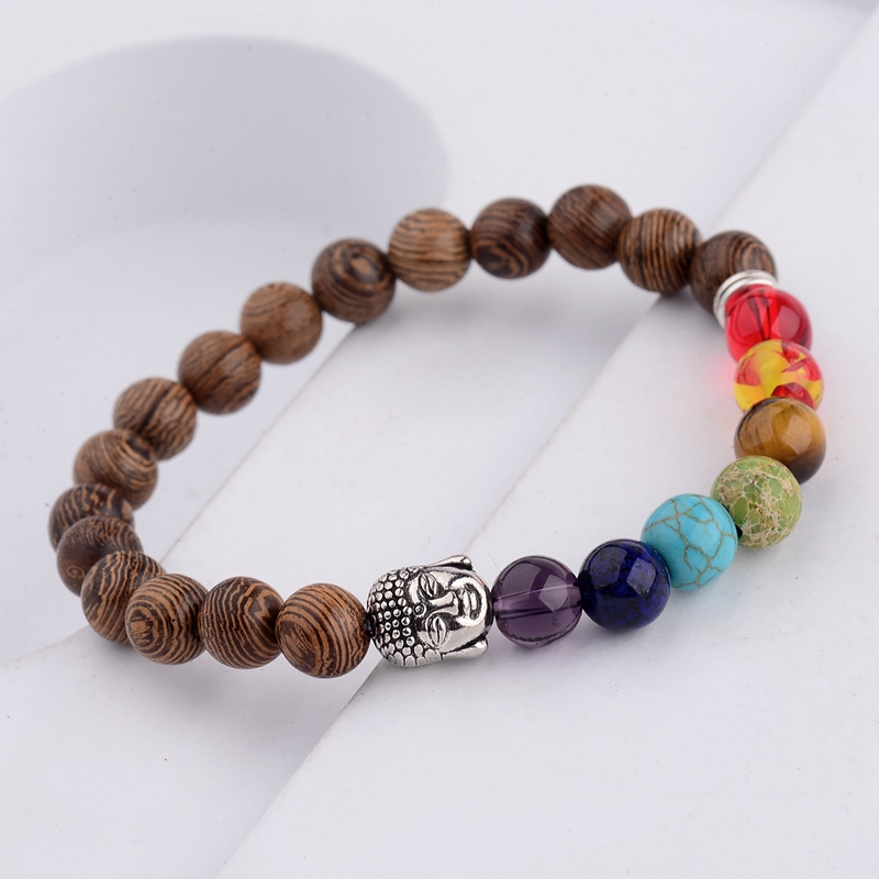 Amader 7 Chakra prière Bracelet en bois naturel hommes Ethinc méditation argent bouddha et éléphant Yoga Bracelet pour les femmes WABJ002