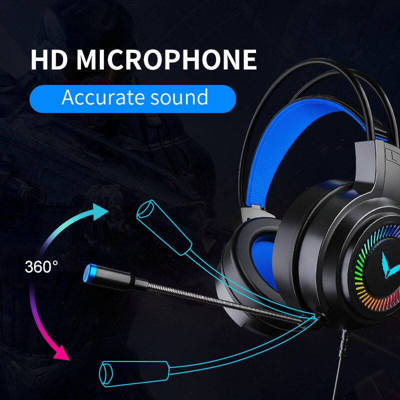 Gaming Headsets Surround Sound Stereo Wired Earphones USB Microphone Colorful Light PC Laptop Game Headset