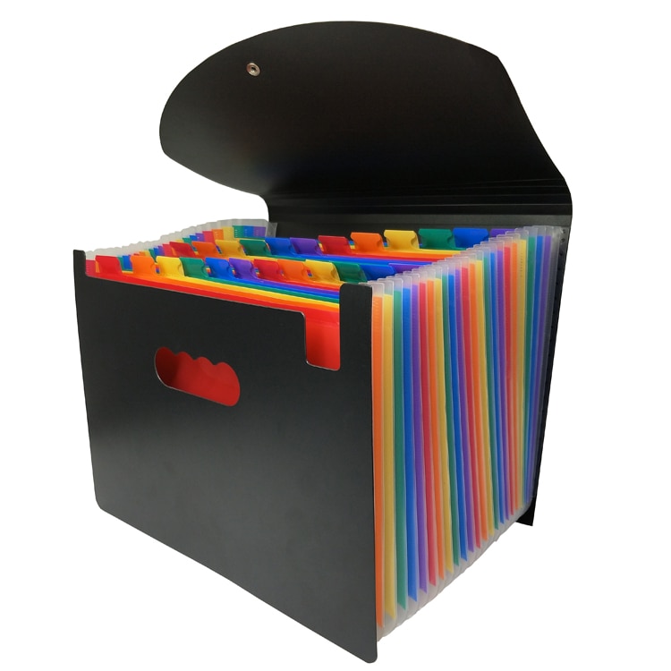 24 Pockets Portable Rainbow Expanding File Folder with Lid A4 Expandable File Organizer for Office/Business/Home: Black