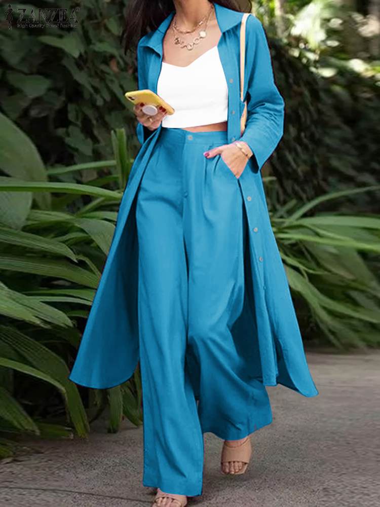 ZANZEA Women Autumn Suit Casual Long Sleeve Blouse Wide Leg Pants Sets Long Shirt Female Work OL Outifits: 5XL / Blue