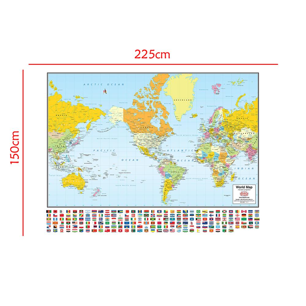 150x225cm na całym świecie odwzorowanie merkatora mapa z flagi narodowe włóknina wodoodporna mapa świata dla podróży i podróży