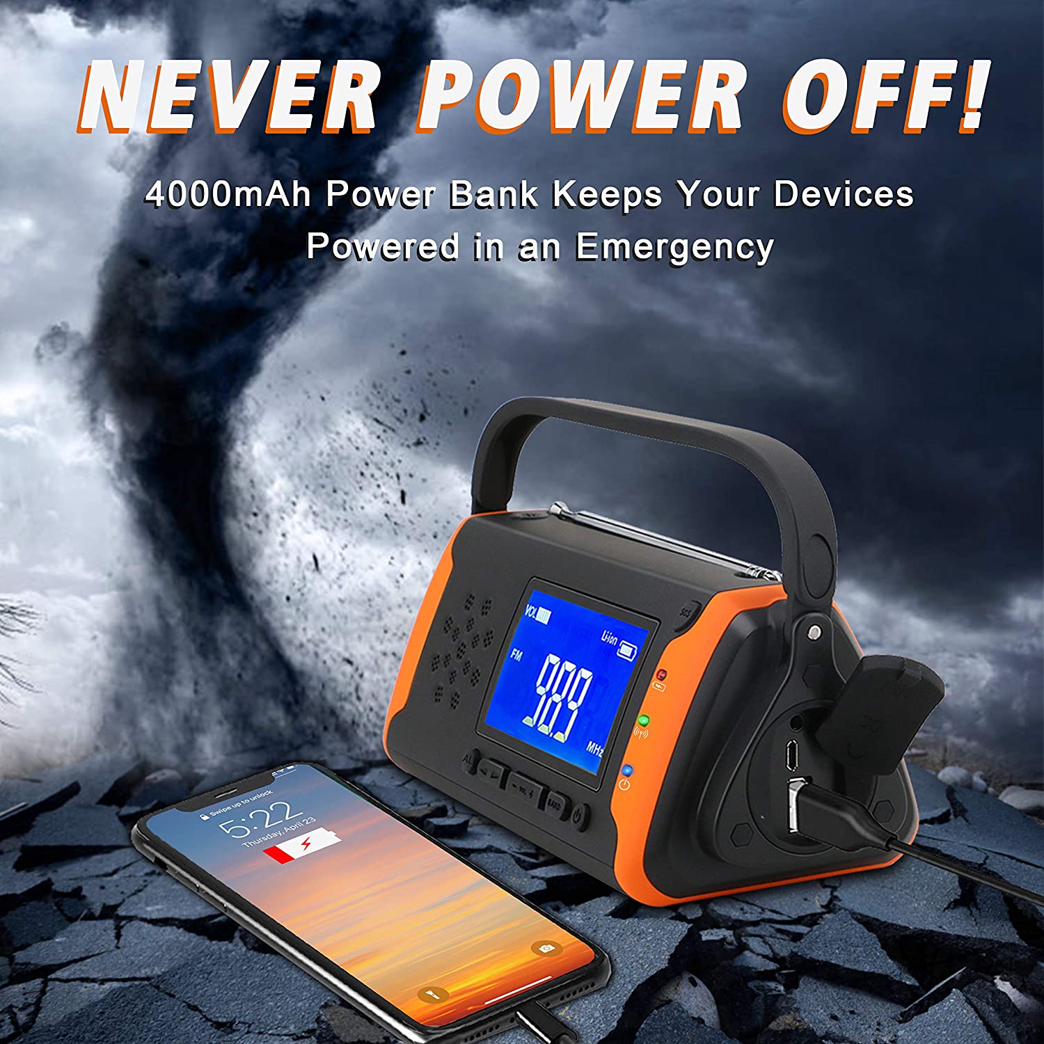 Emergency Weather Crank Radio 4000mAh Portable Radio Solar Powered Hand Crank Weather Alert Radio Aux Music Play SOS Alarm