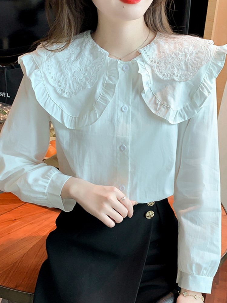 Primavera Patchwork blusa blanca Color sólido manga larga cuello Peter Pan camisa suelta Tops coreana ropa de mujer