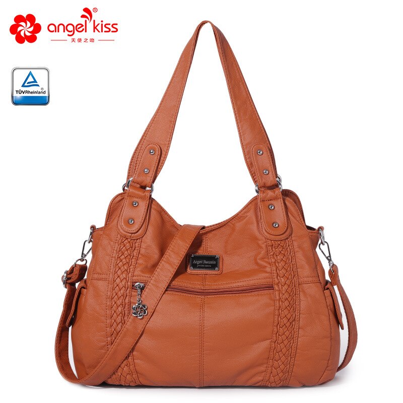 Large Capacity Brand Women Soft Multi Pocket Shoulder Bags PU Leather Leisure Shopping Tote Bag Stylish Travel Crossbody Bag: Brown