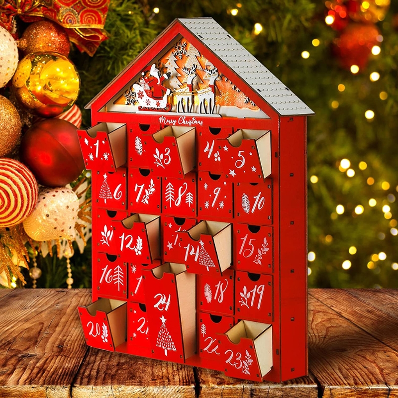 Calendrier de l'avent en bois rouge, maison avec lumière LED 24 tiroirs de rangement, organisateur de bonbons, compte à rebours de noël, P82C