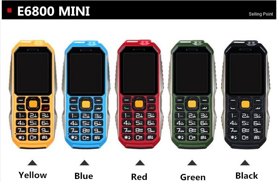 Rungee mini  e6800 telefon stødsikker støvtæt mobiltelefon 3800 mah russisk keybord led flash lys power bank telefon bluetooth