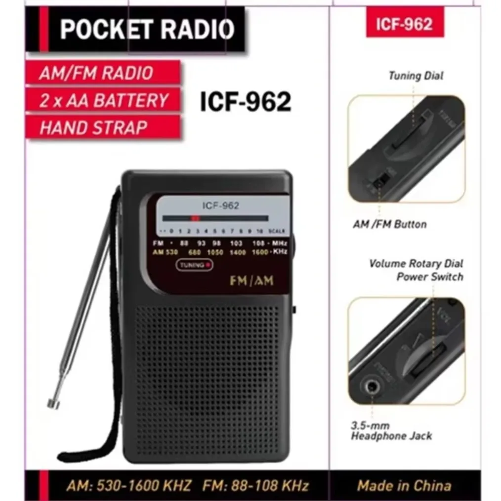 ICF-962 AM FM Radios de bolsillo portátiles 3,5 mm AUX Mini Walkman 2 pilas AA Radio estéreo al aire libre para caminar senderismo Camping