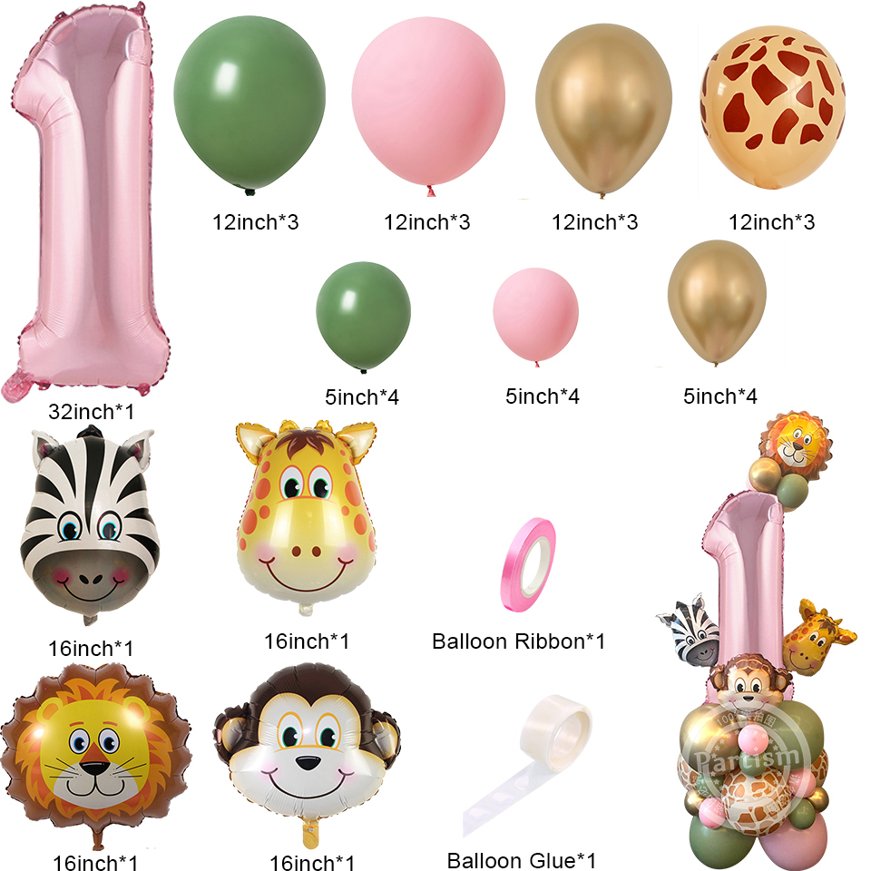 31 pezzi di cartone animale selvatico torre di palloncini da 32 pollici rosa numero palloncino Foglio per decorazioni per feste di compleanno a tema selvaggio uno da ragazza