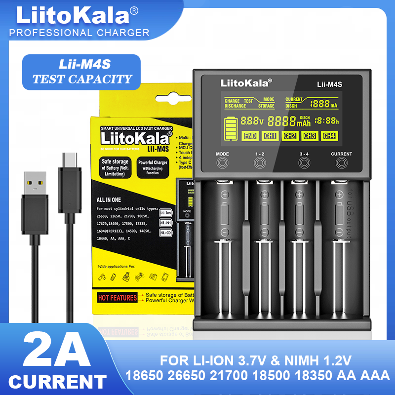 LiitoKala Lii-M4S 402 M4 18650 LCD Multifunctional Battery Charger For 3.7V 26650 21700 14500 Fast charging Smart Charger: Dark Grey