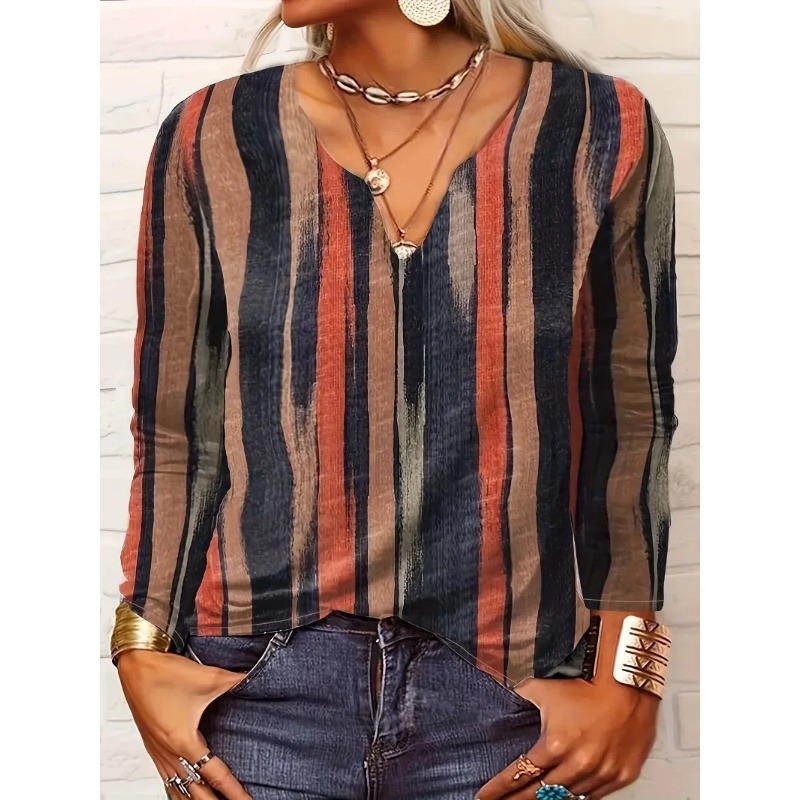 Femmes grande taille 1XL-8XL décontracté confortable à manches longues haut col en v rayé respirant T-shirt femmes