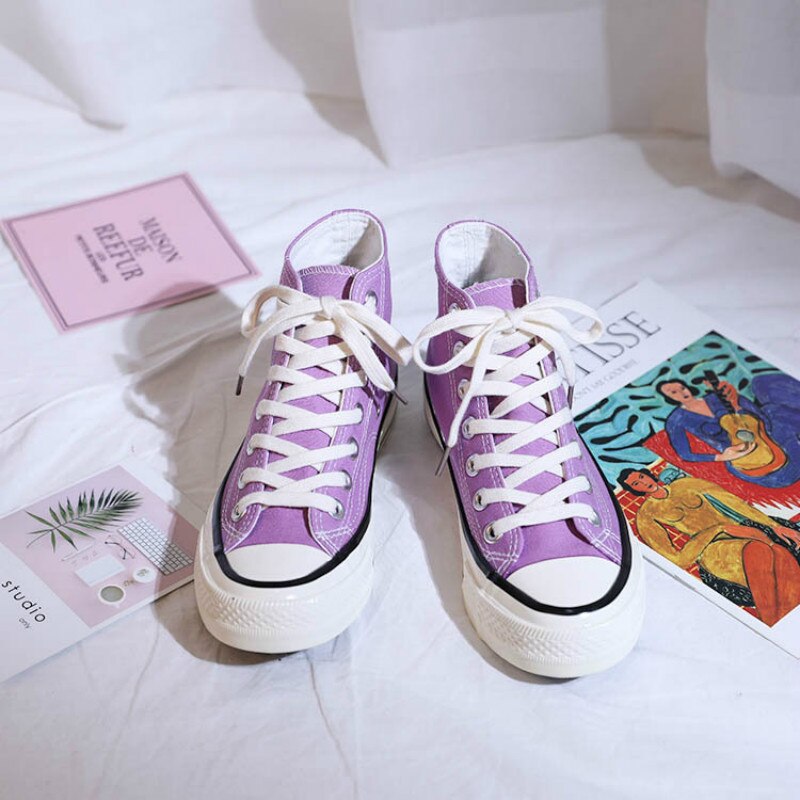 Flickskor avslappnad lavendel ljus lila vackra sneakers alla matchar enfärgad snörning platt klack canvas skor studenter 35-40