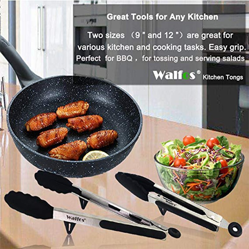 WALFOS-Pinzas de comida sin BPA con punta de silicona, soporte Premium resistente de 12 pulgadas y 9 pulgadas, pinzas de cocina de bloqueo de acero inoxidable