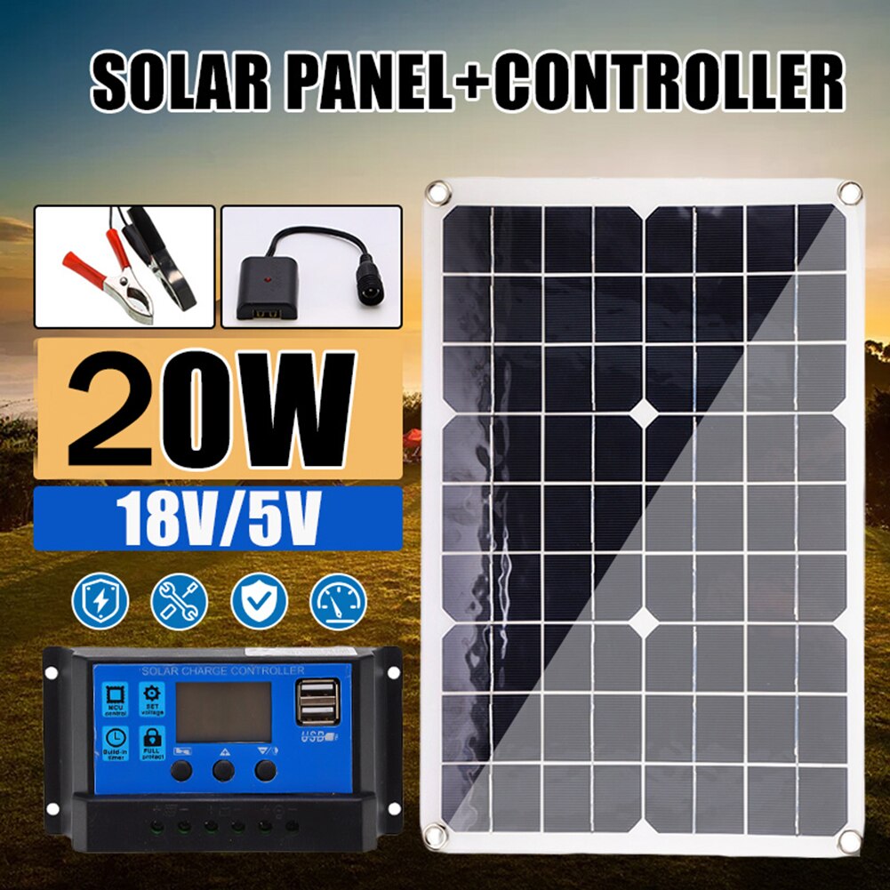 Panel Solar de 20W 12V 24V con Clip de batería, controlador Solar de carga para coche, celdas solares para exteriores, Camping y senderismo
