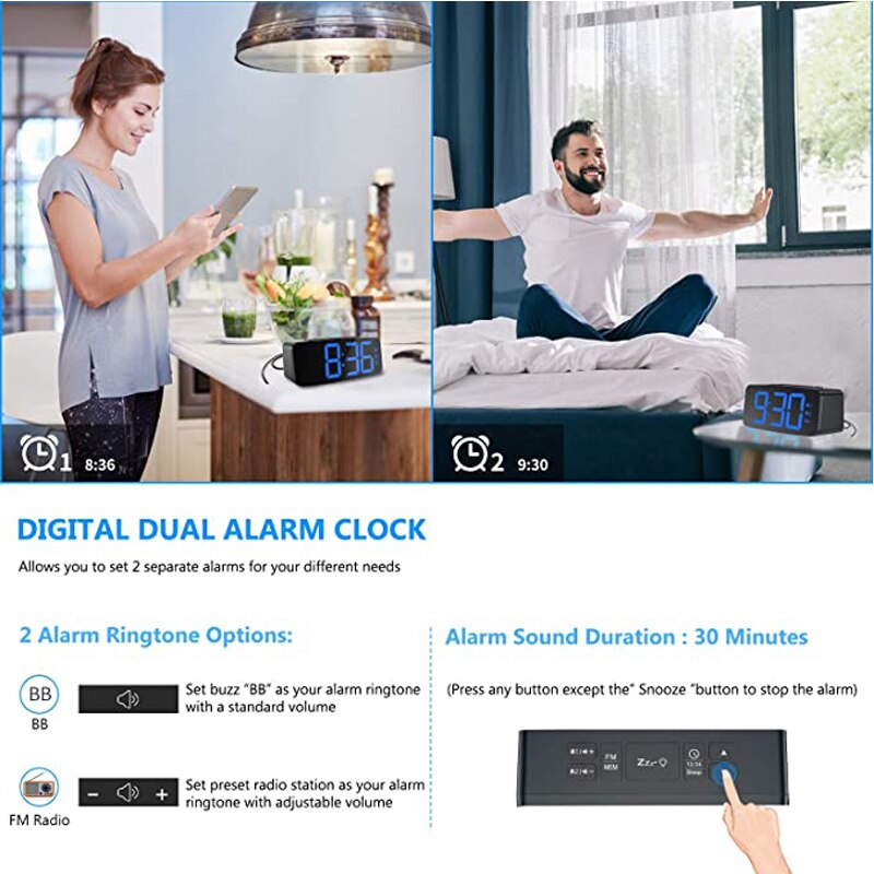 12/24 Hours Double Snooze Alarm Clock ,Big Number Blue Led Display Table Clock With EU Plug