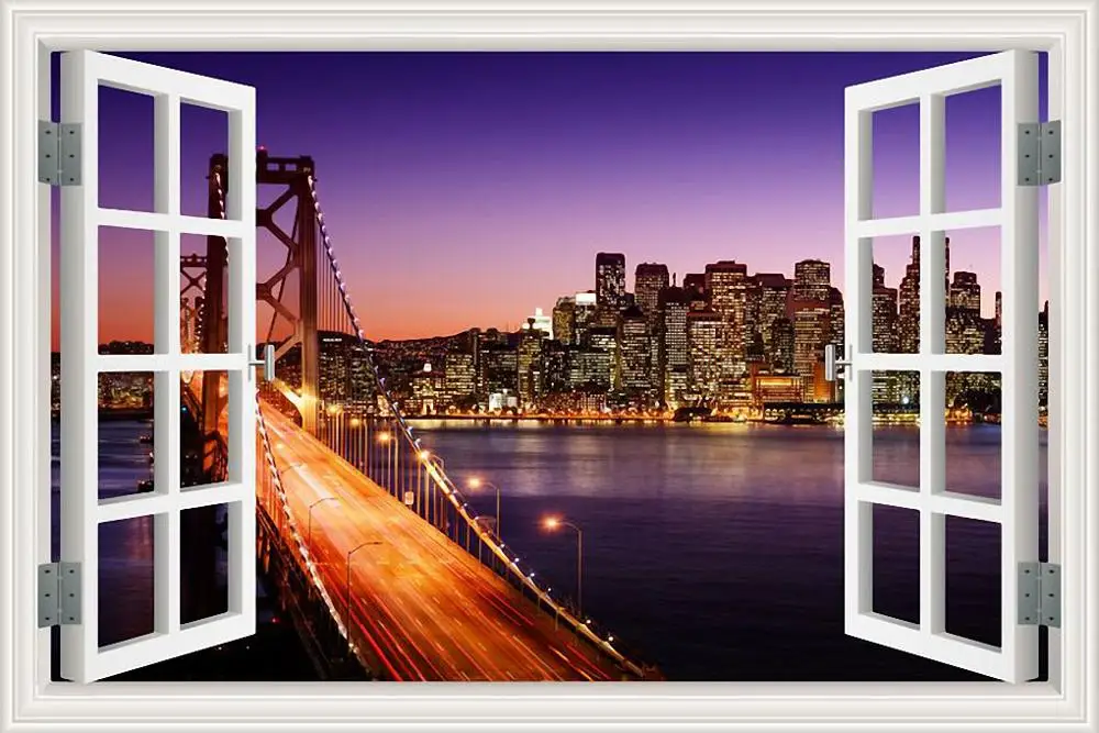 3D Window View wall Sticker York Brooklyn Removable Night Wall Art Wallpaper Kitchen Room decor aesthetic poster prints: 24x36inch 60x90cm / W0160