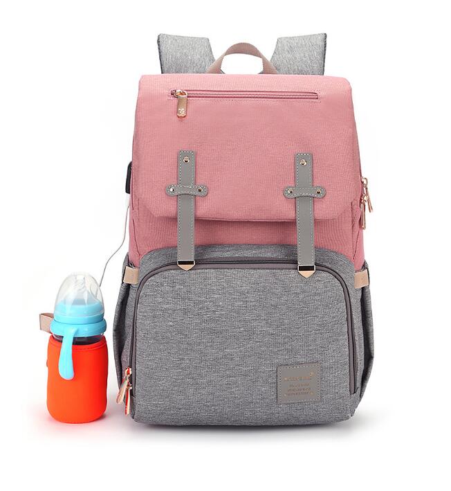 Diaper Bag Mummy Daddy Backpack Baby Stroller Bag Waterproof Oxford Handbag Nursing Nappy Bag Kits USB Rechargeable Holder: Gray Pink