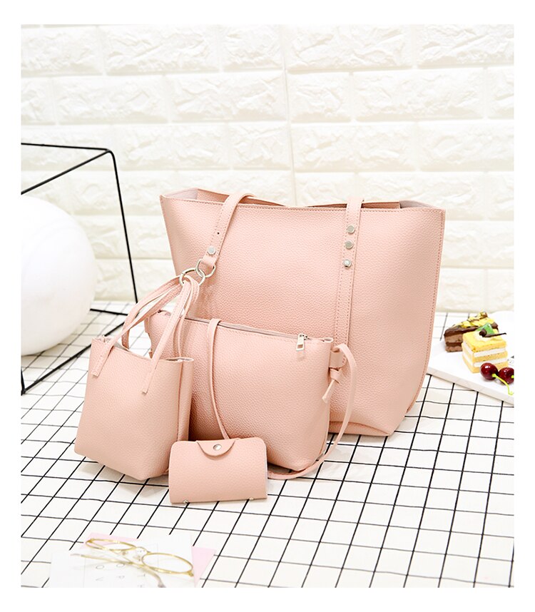 4 pçs novas bolsas femininas bolsa de ombro bolsa tote mensageiro hobo satchel saco corpo cruz: Rosa