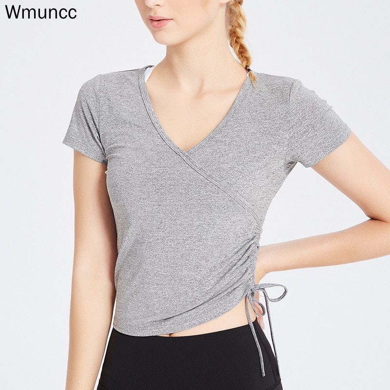 Wmuncc fitness snabbtorkande t-shirt kvinnor andas lösa yogaskjortor löpning kortärmad aktiv sport topp gymkläder damer