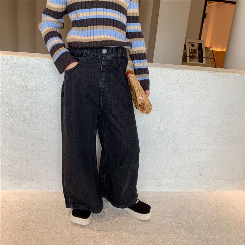 DFXD 2020 autunno bambini ragazza pantaloni gamba larga pantaloni larghi neri pantaloni pantaloni coreani Jeans moda ragazze pantaloni per 2-8 anni abiti