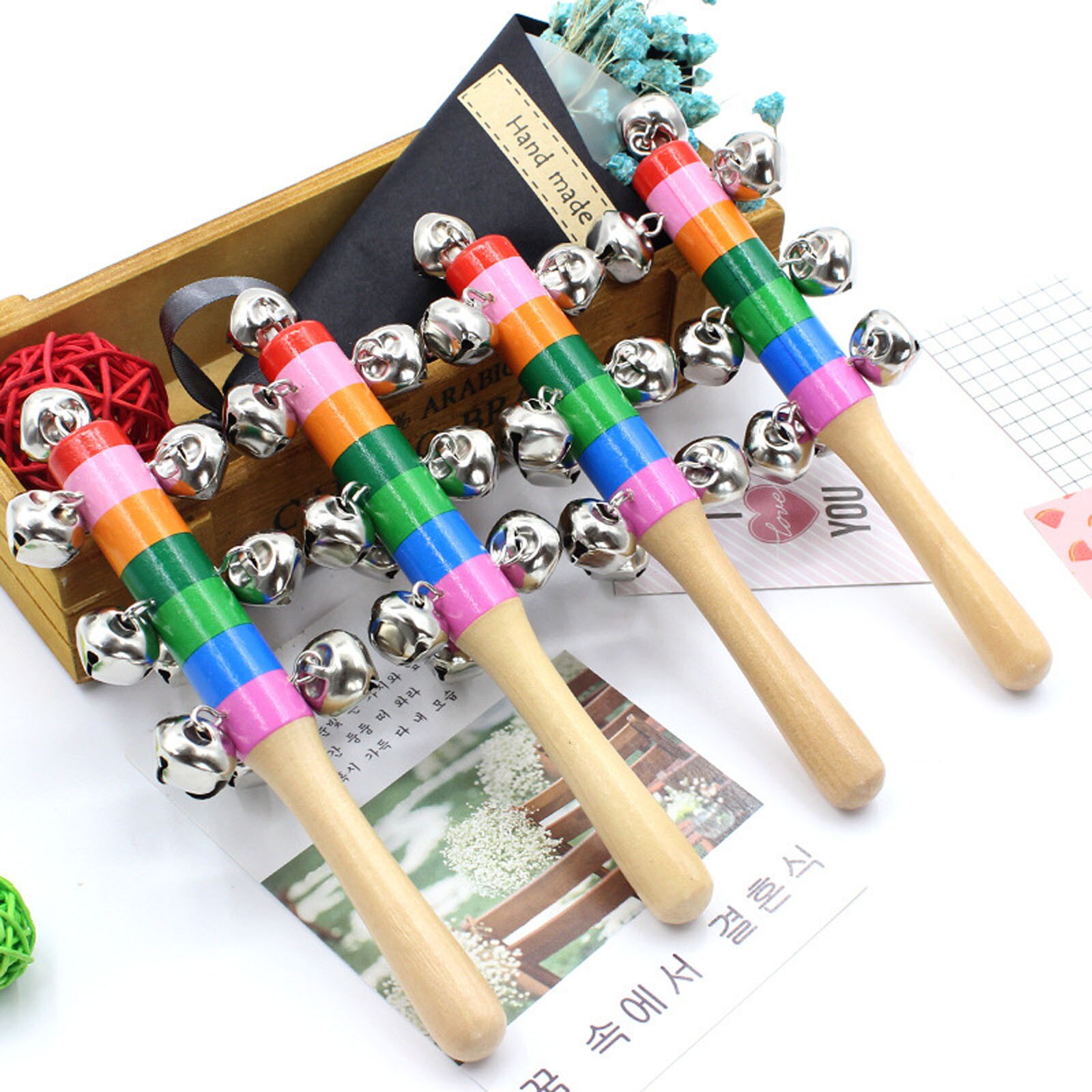 2/4/5Pcs Baby Wooden Rattle Rainbow Color Hand Bell Baby Rattles Jingle Bells Infant Shaker Rattle Early Educational Toy