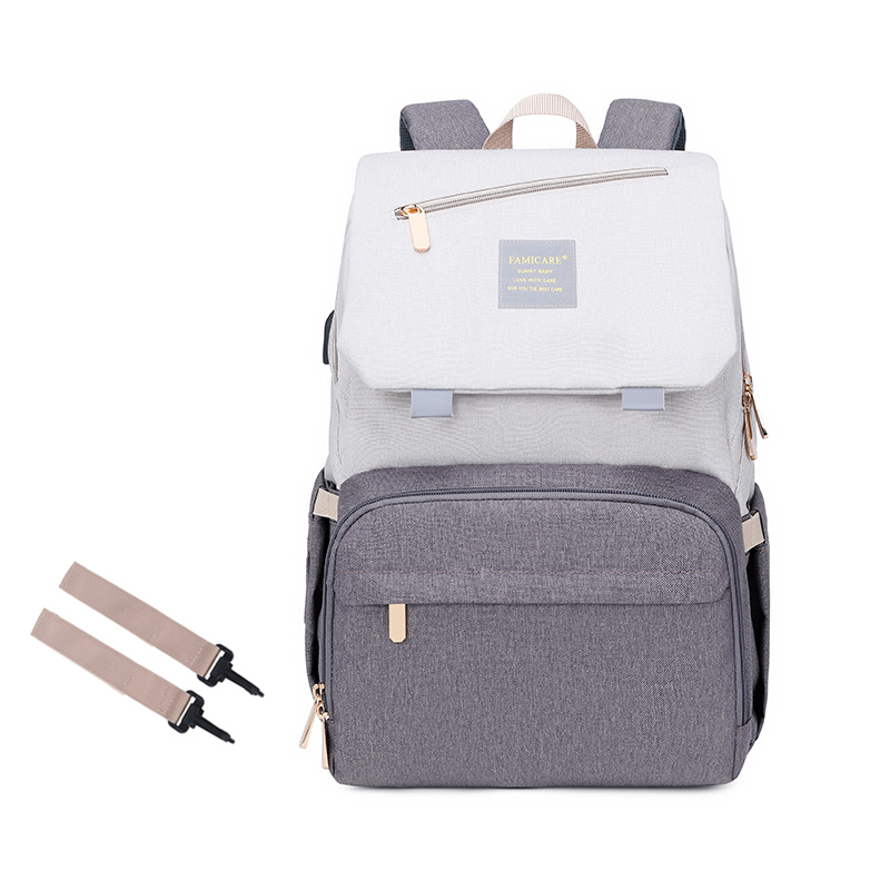 Sac à dos à couches pour bébé, sac de poussette pour maman papa, sac à main Oxford étanche, Kits de couches d'allaitement, sacs de maternité, support chauffant USB,: WHITE