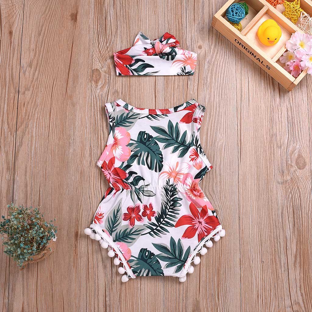 Kid Baby Meisje 0-18M Bloemen Mouwloze Romper Bloemen Jumpsuit Hoofdband Outfit Kleding Baby Kleding