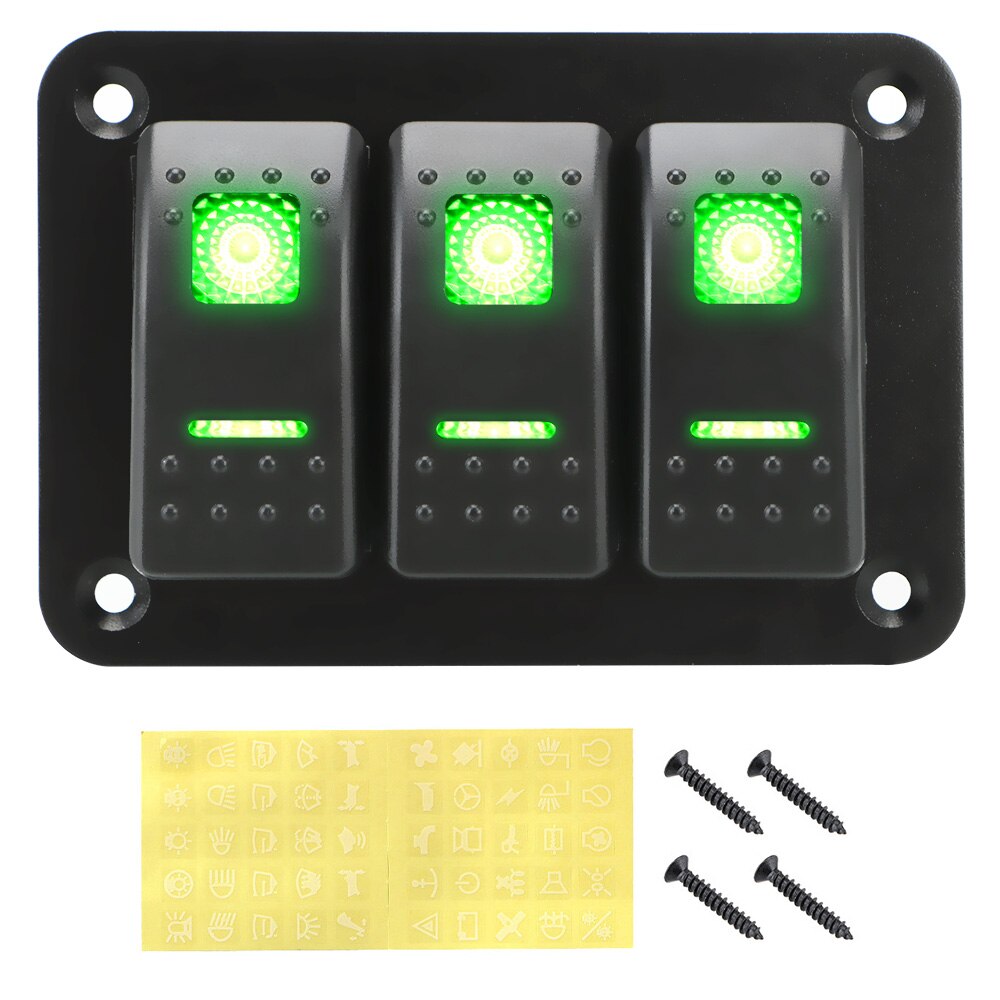 DC 12V/24V Overload Protection 3 Gang Rocker Switch Panel ON/OFF Lights Car Truck Marine Ship Circuit Breaker With Icon Sticker: Green