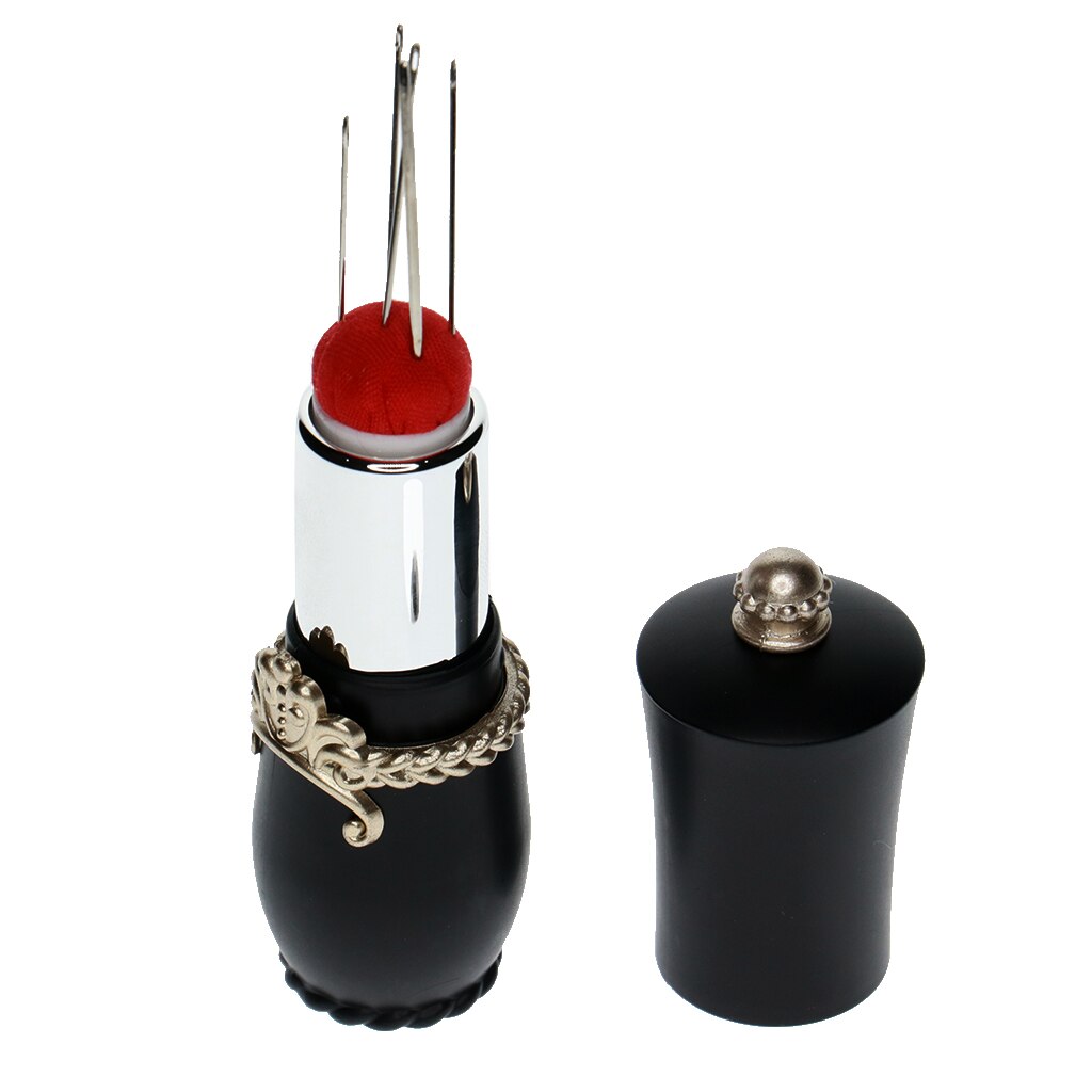 Lipstick Needles Pin Cushion Holder with 5pcs Sewing Needle Tools for Hand Needlework: Black