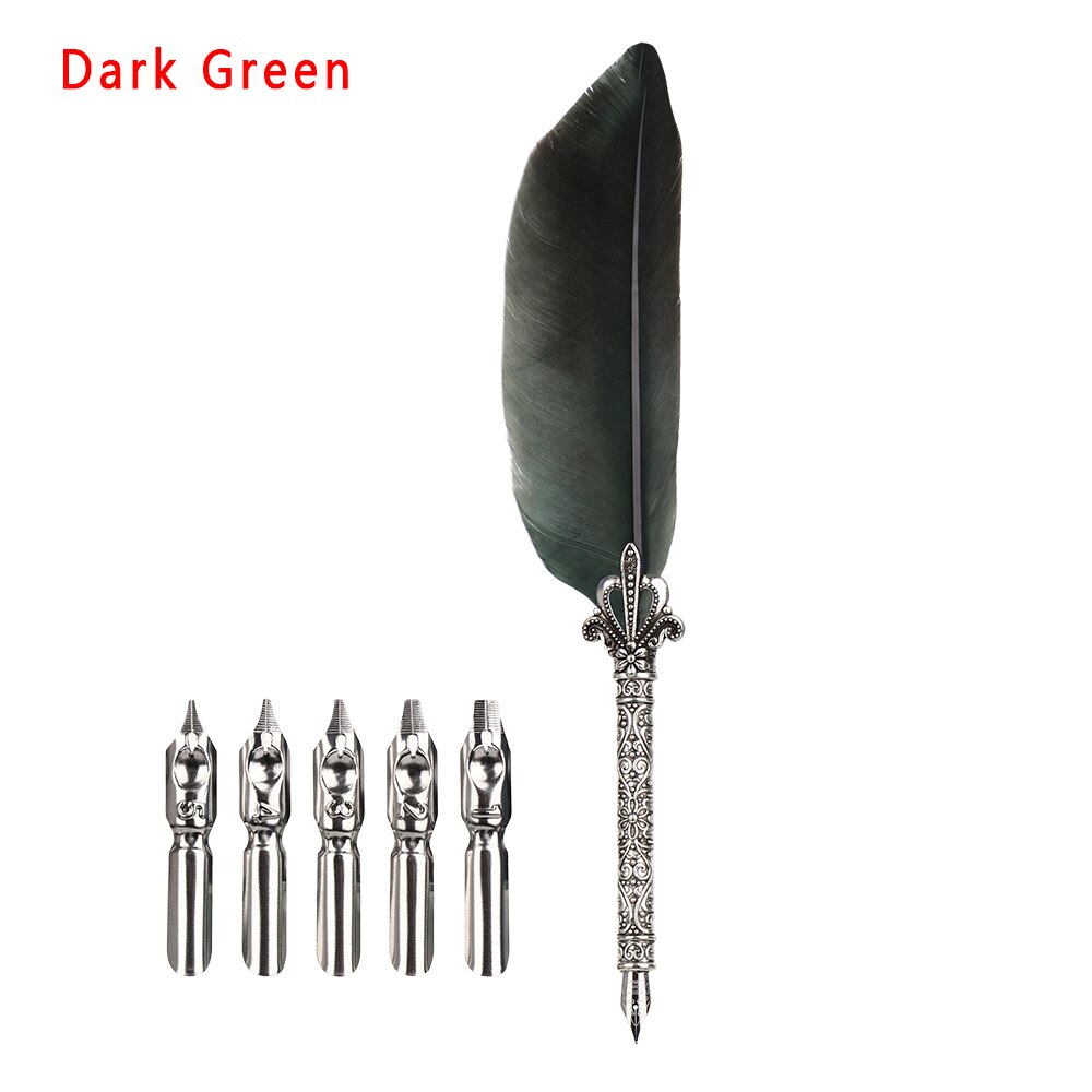 1Set Feder Dip Brunnen Stift Chancery Quill Türkei Schrägen Stifte + 5 stücke Nib Geschnitzte Metall für Phantasie Kalligraphie vintage Stift: green