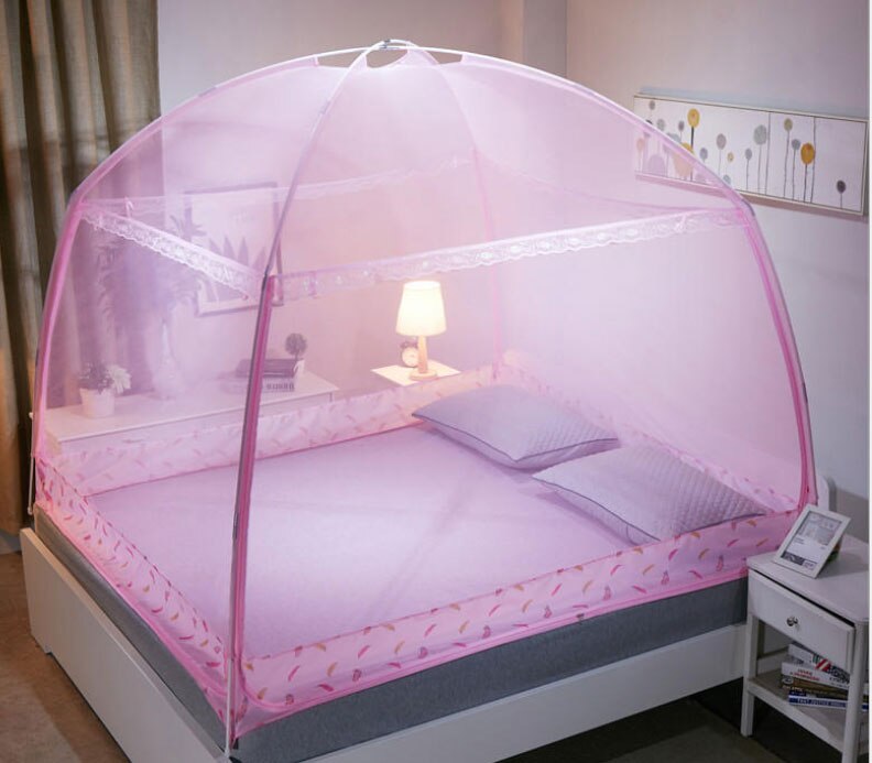 Lit à trois portes d'été en maille et repliable | Moustiquaire mongole pour yourte pliable, lit pour roi/reine, rideau pour auvent, tente de dôme: Pink / 180X200X170CM