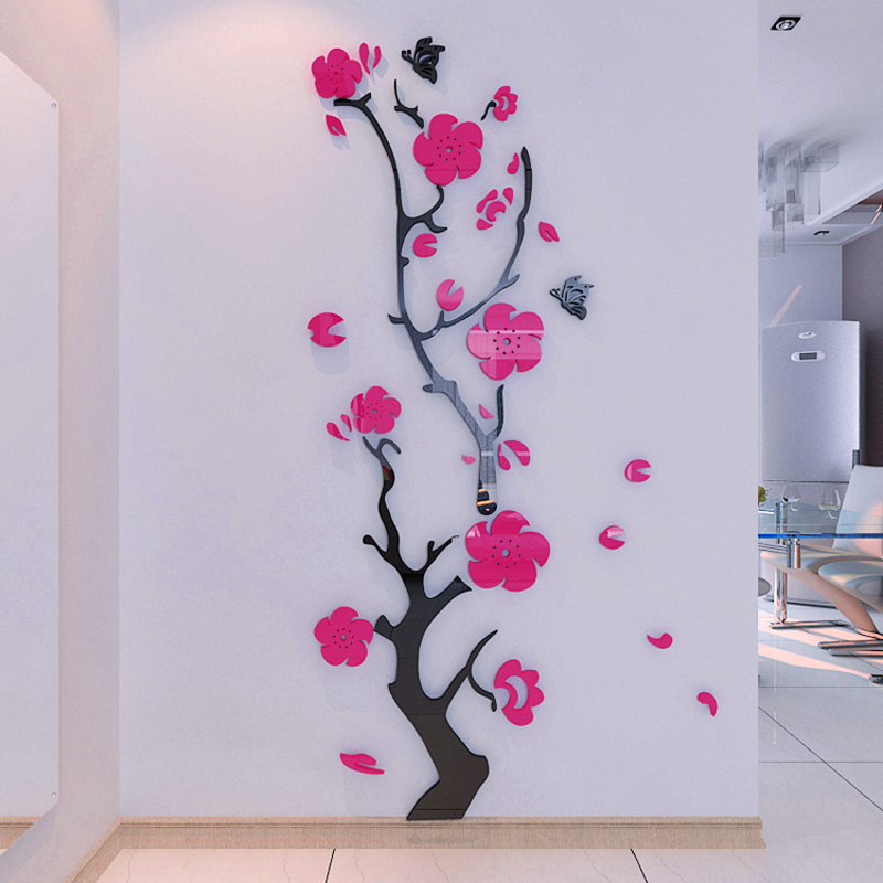 Stickers muraux fleur prune miroir 3d acrylique | Bricolage, décoration murale pour chambre à coucher, salon, entrée, décoration murale