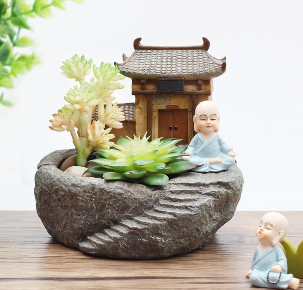1Pcs Boeddhisme Tempel Resin Bloempot Succulente Planten Planter Monnik Bloempot Thuis Tuin Decoratie Bonsai Bloempot