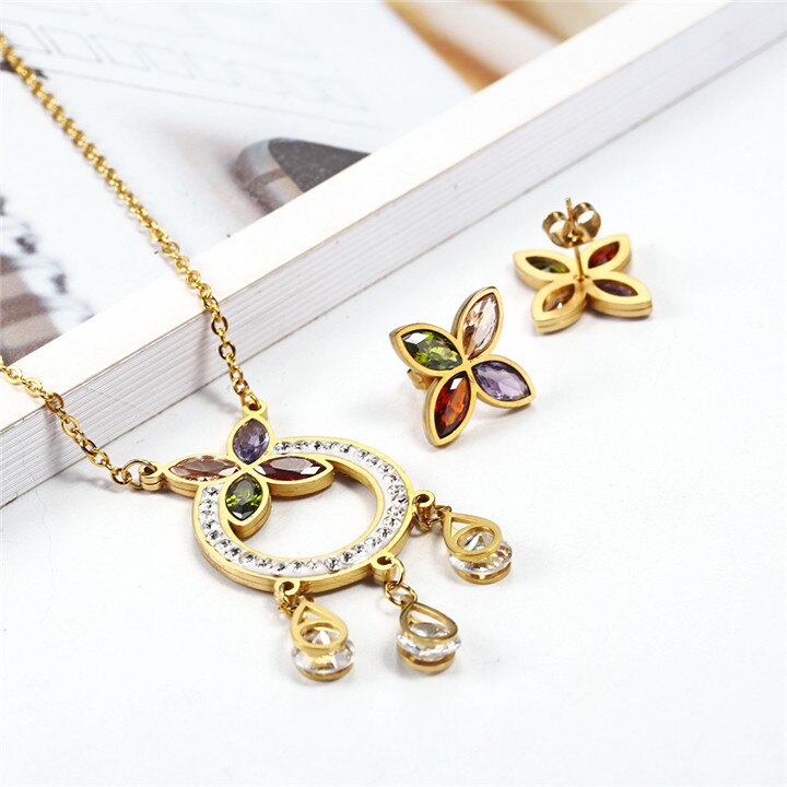 OUFEI Stainless Steel Jewelry Sets Fifts For Women Vogue Pendant Necklace Earrings set Jewelry Accessories: Gold-color