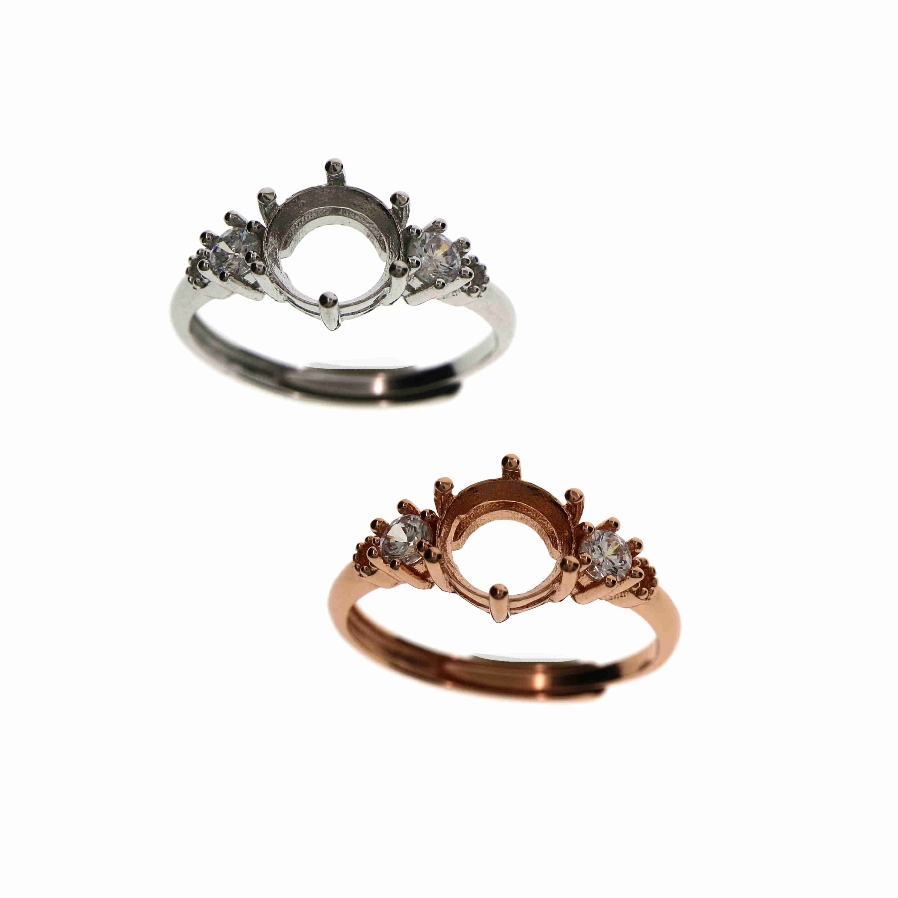 3-8MM round simple rose gold silver Gems CZ stone prong bezel solid 925 sterling silver adjustable ring settings 1210034
