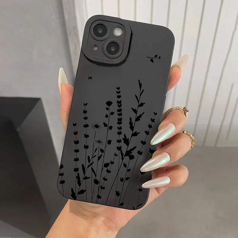 Funda de teléfono con gráfico de estilo negro Art Flower para iPhone 16 15 14 Pro Max 7 8 Plus fundas para iPhone 11 13 12 16E XR X XS funda suave: PU