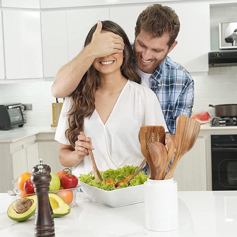 Wooden Utensils For Cooking Made From Natural Teak Wood - Luxury 8 Pcs Kitchen Utensil Set