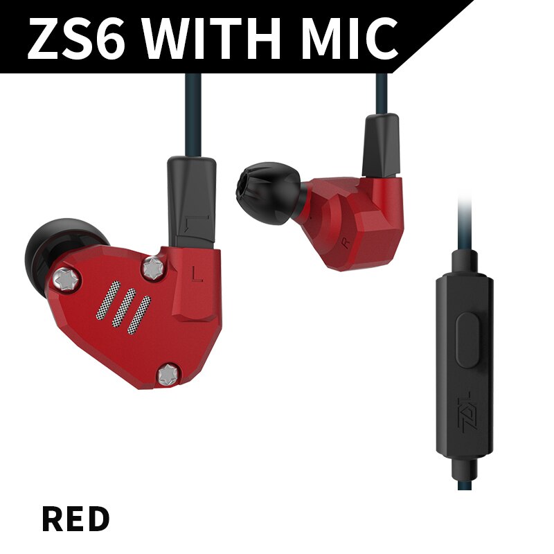 Kz zs6 2dd + 2ba alta fidelidade baixo fone de ouvido esporte in-ear fone de ouvido dinâmico motorista cancelamento de ruído fone de ouvido cabo de substituição as10 as10: red  with mic