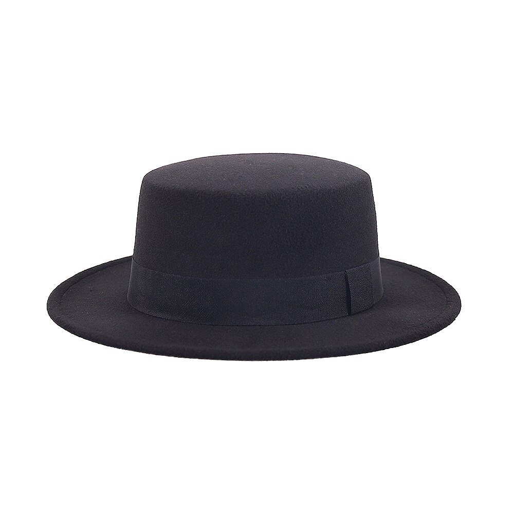 Platt hög hatt dam herr filt bred brättad fedorahatt laday prok pie chapeu de feltro bowler gambler topp hatt: Svart