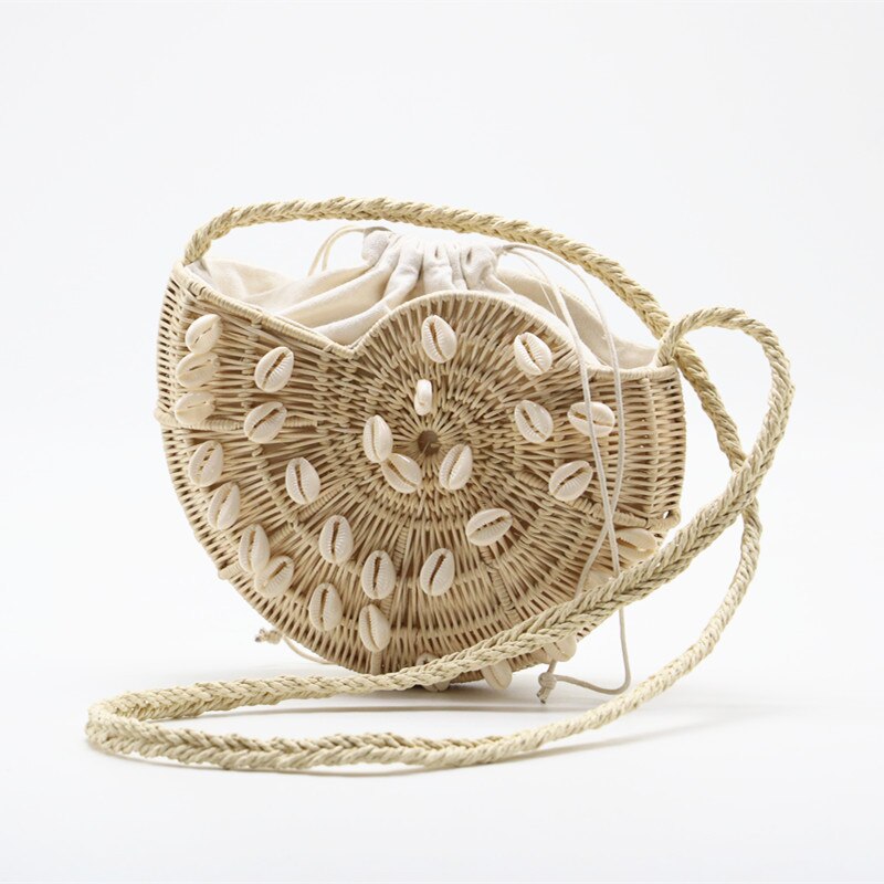 Bolso de hombro para chicas hecho a mano con cubierta tejida de verano, bolso de playa con detalles trenzados de mimbre para chicas, mensajero tejido de concha a la: Default Title