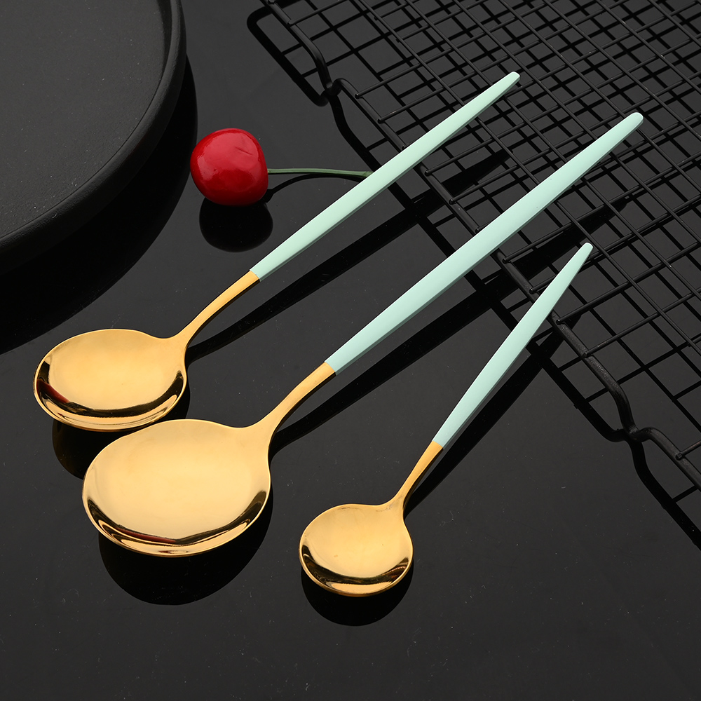 Mint Gold Tableware Cutlery Set Mirror Stainless Steel Dinnerware Dessert Knife Fork Ice Spoon Flatware Set Dinner Silverware